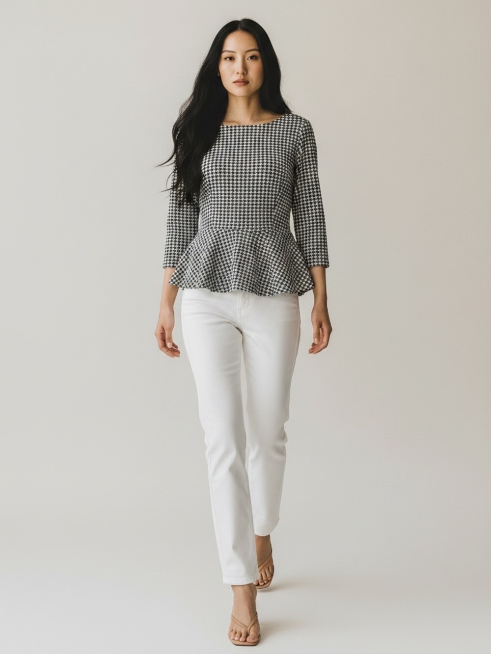 Ricki’s Black and White Houndstooth Peplum Top Ponte Knit Size XS